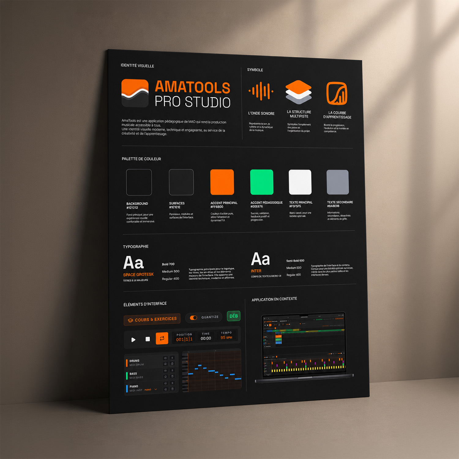 Planche de marque et charte graphique du projet AmaTools : présentation du logotype, de la palette de couleurs dark mode, des typographies Space Grotesk et Inter, et des composants UI.