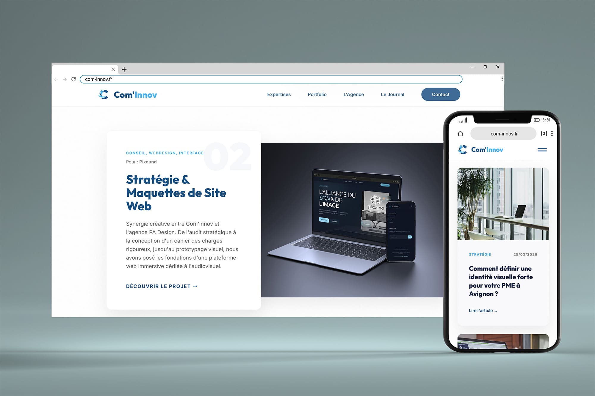 Mockup responsive du site web de l'agence Com'Innov sur écran d'ordinateur et smartphone, affichant les sections portfolio et blog.