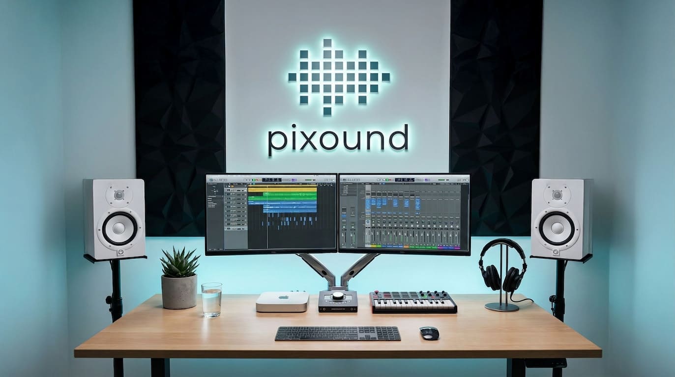 Logo Pixound rétroéclairé dans un studio de mixage professionnel. Une identité visuelle moderne qui illustre parfaitement l'alliance du son et de l'image.
