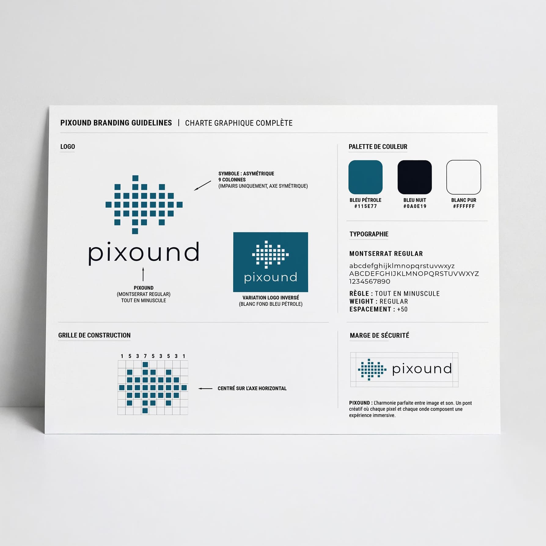Guide de style UI pour Pixound présenté sur tablette : palette de bleus, typographies Open Sans et éléments d'interface pour une identité web cohérente.