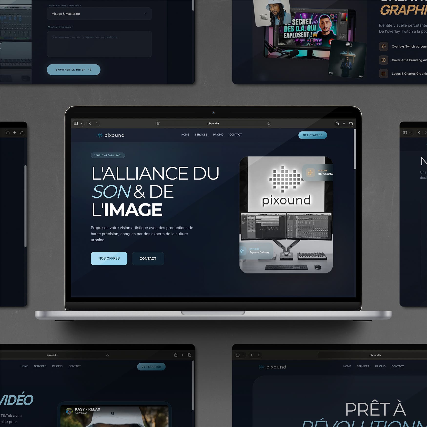 Aperçu du site web Pixound, l'agence de création sonore et musicale pour marques impactantes. Mockup montrant le design sur ordinateur, tablette et mobile.