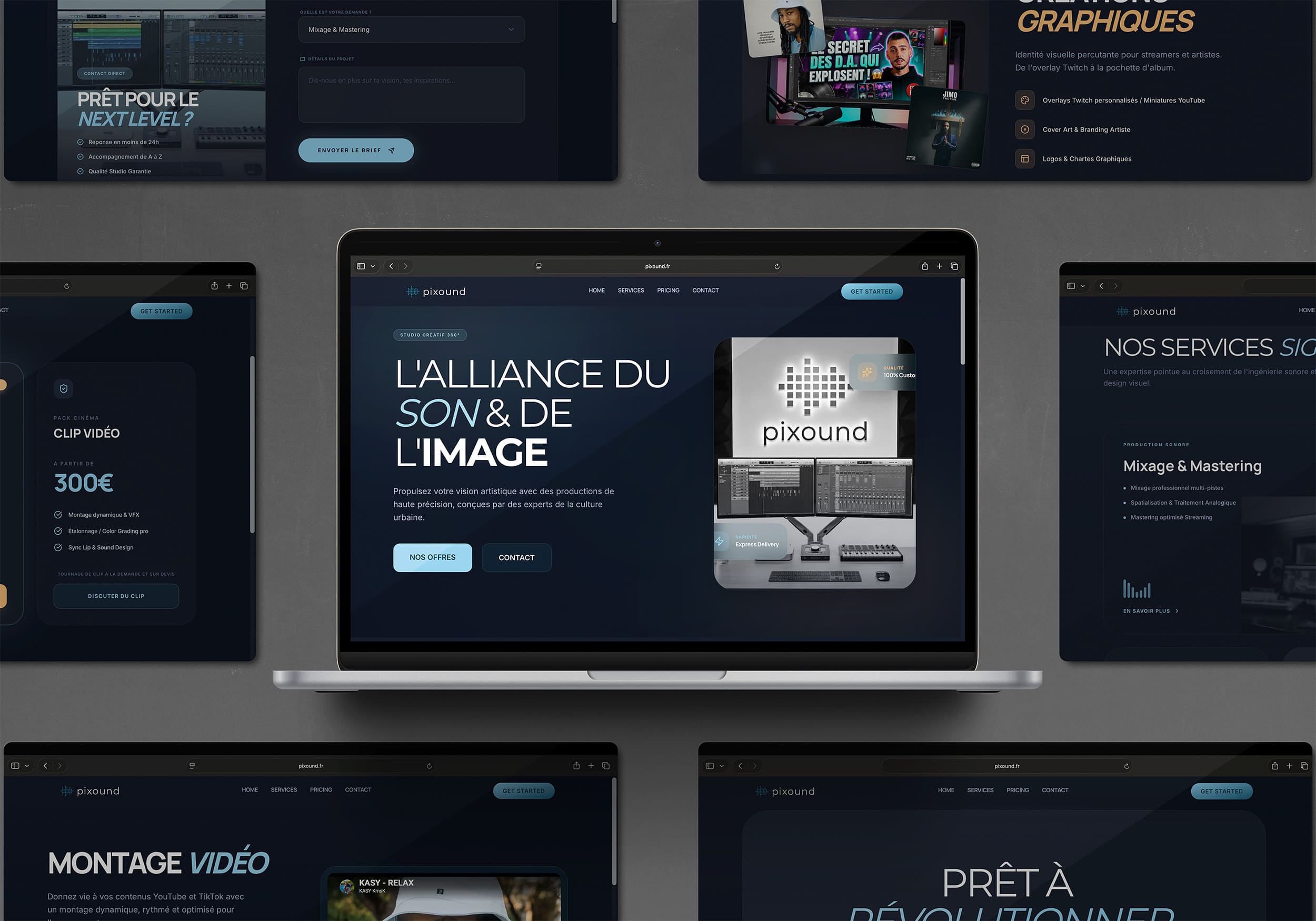 Aperçu du site web Pixound, l'agence de création sonore et musicale pour marques impactantes. Mockup montrant le design sur ordinateur, tablette et mobile.