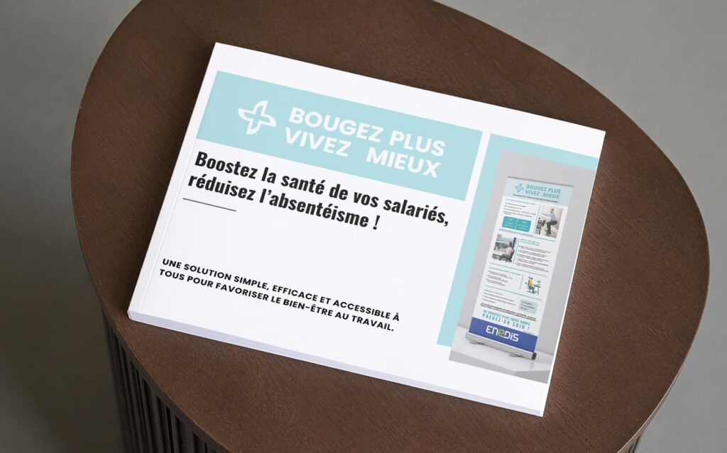 Dossier de présentation Bougez Plus Vivez Mieux conçu par PA Design pour Enedis, présentant le dispositif santé et bien-être en entreprise.