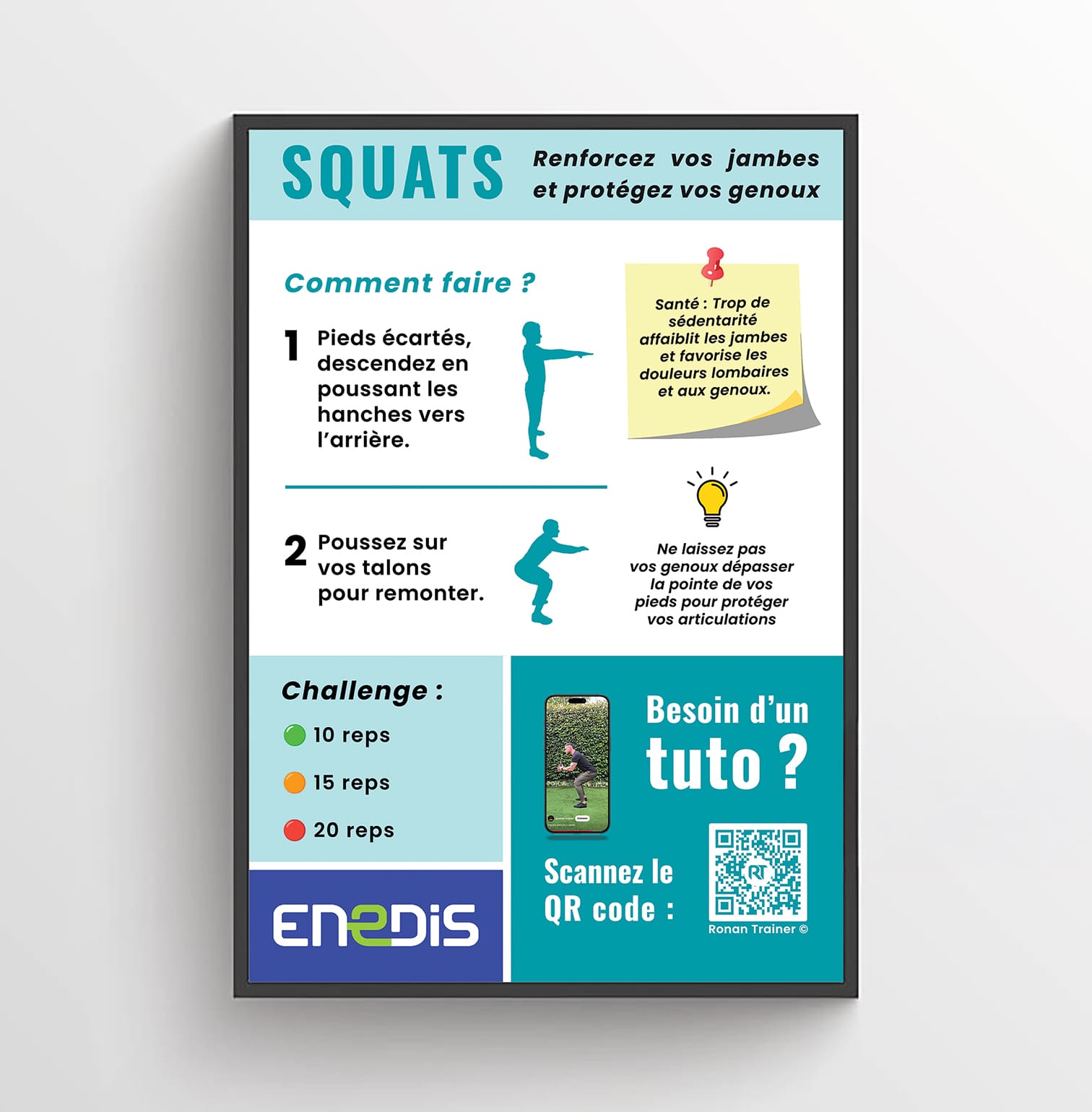 Affiche d’exercice physique créée par PA Design pour Enedis, illustrant des mouvements simples pour renforcer les jambes et les genoux.