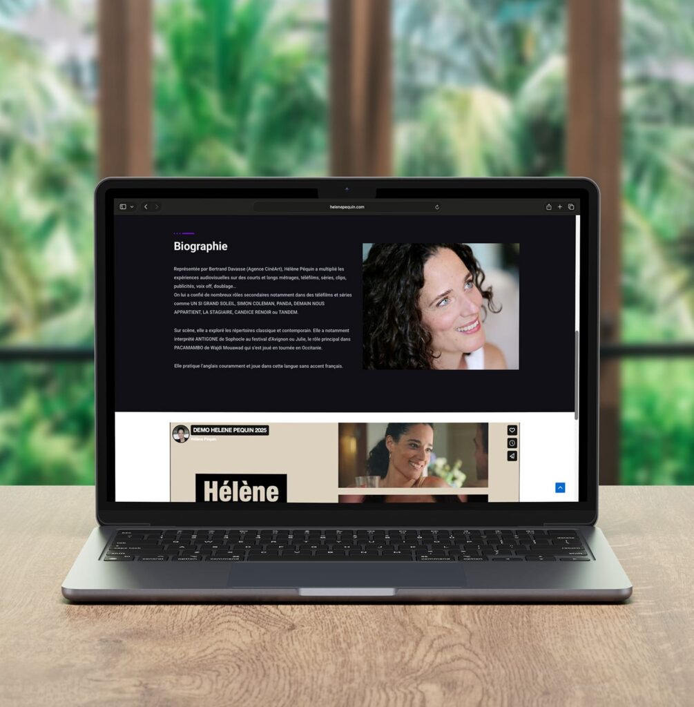 Mockup Laptop biographie du site web d’Hélène Péquin conçue par PA Design, présentant son parcours et ses collaborations artistiques.