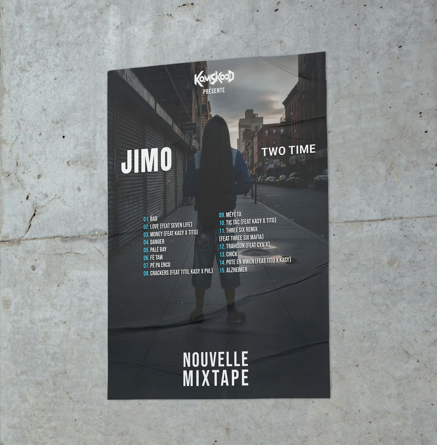 Tracklist de la mixtape “Two Time” de Jimo, créée par PA Design, présentant une mise en page claire et immersive.