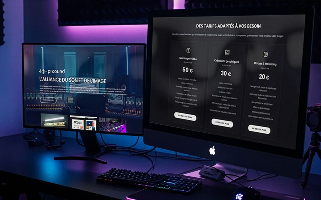 Site web de Pixound conçu par PA Design, présentant les offres de mixage et de création audiovisuelle du studio.