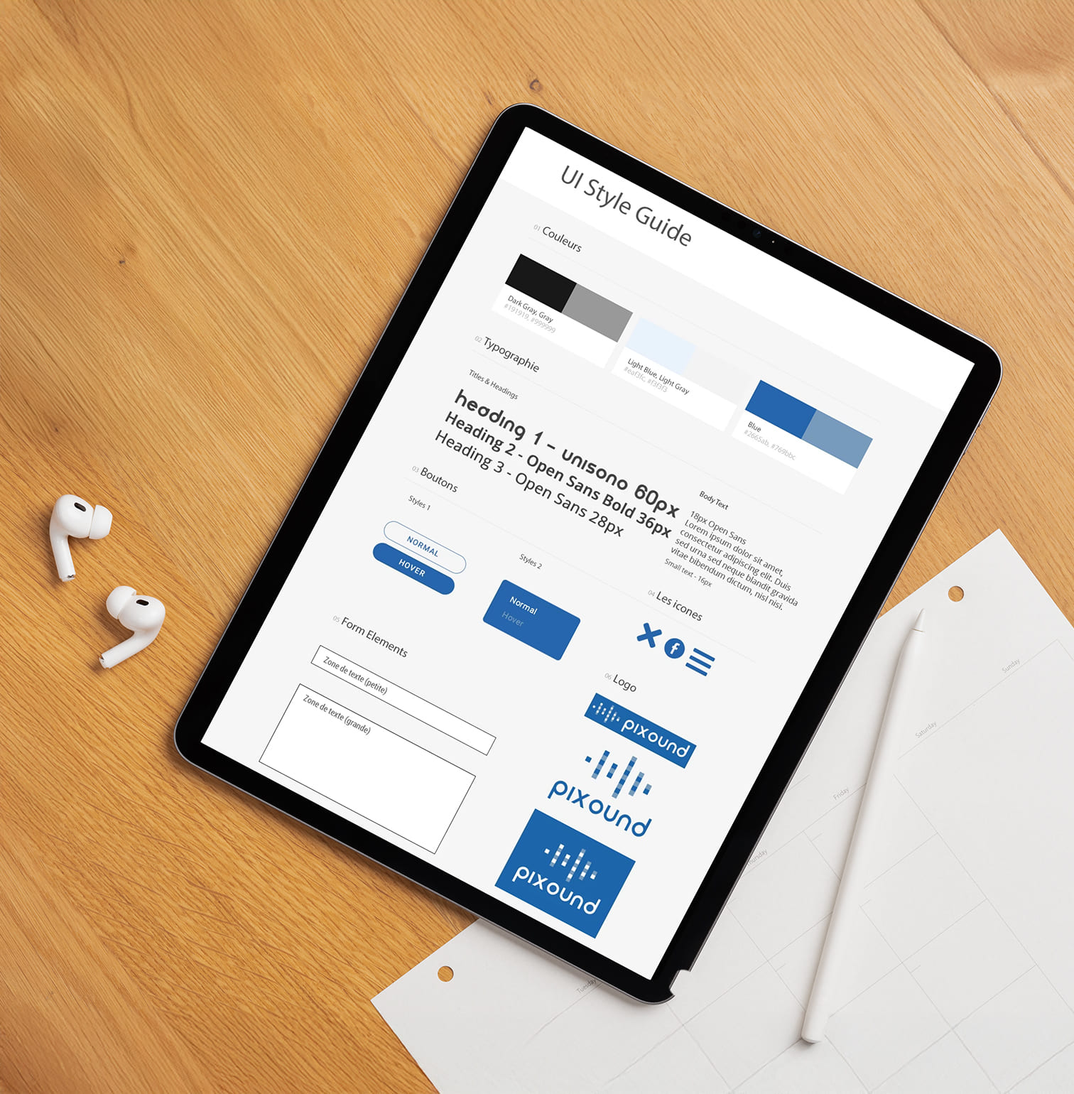 Guide de style Pixound conçu par PA Design, détaillant la charte graphique et les éléments visuels du branding du studio.