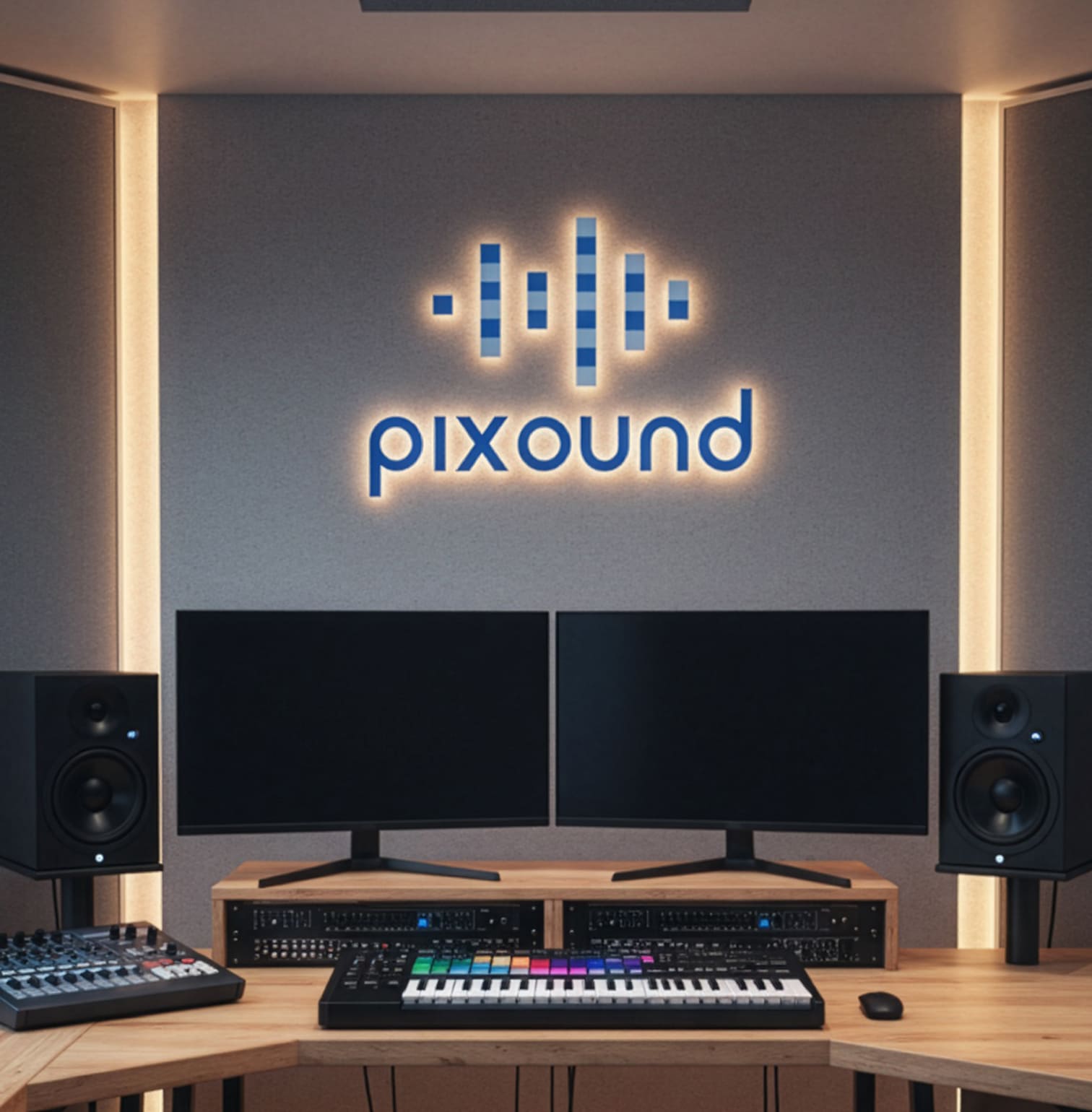 Studio Pixound avec son logo mural lumineux créé par PA Design, symbolisant la synergie entre son et image.