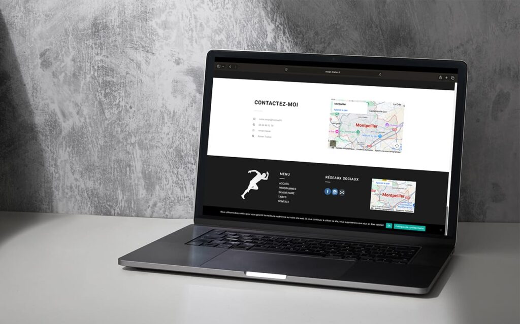 Page contact du site web Ronan Trainer, avec carte interactive et formulaire de prise de rendez-vous, créée par PA Design.